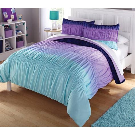 girls purple blue ombre ruched pintuck 3pc comforter set twin full