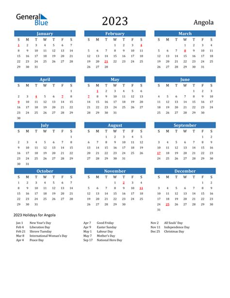 angola calendar  holidays