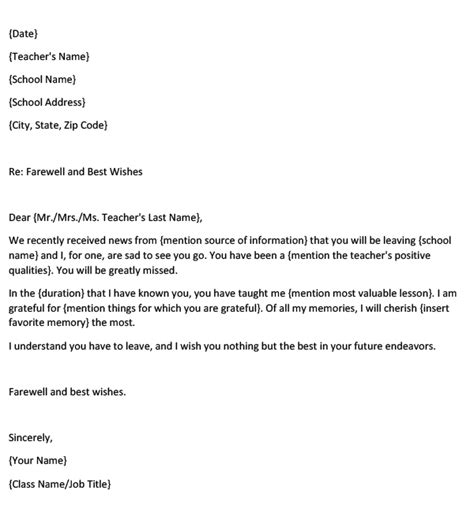 write  farewell letter   teacher format examples