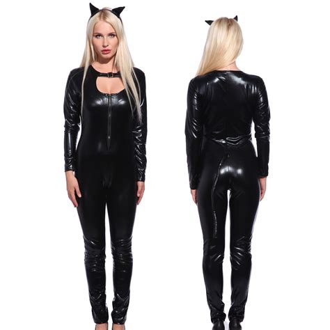 sexy women pvc wetlook lingerie halloween leopard catwoman catsuit jumpsuit