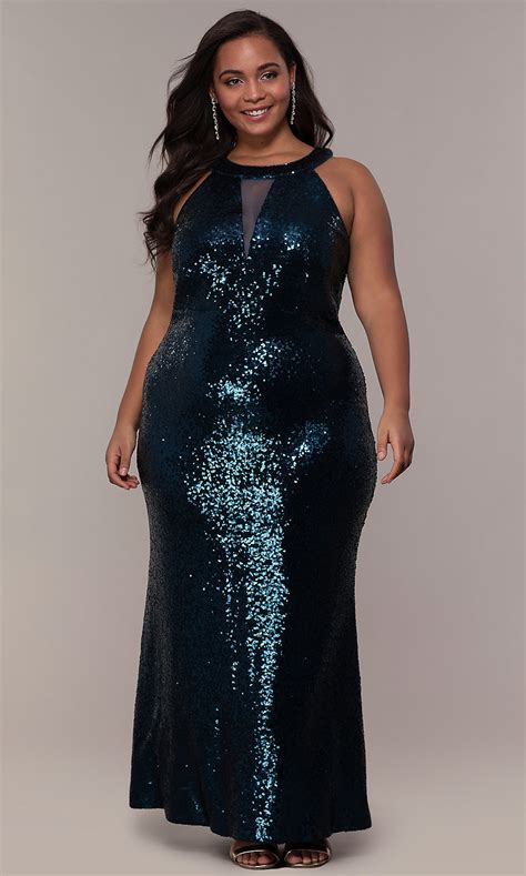 plus size long sequin prom dress with illusion inset