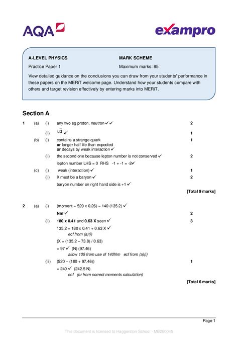 aqaa level physics paper question paper mark scheme