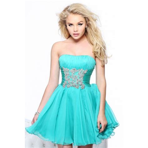 turquoise dresses  strapless beading ruched satin tulle short turquoise party dress