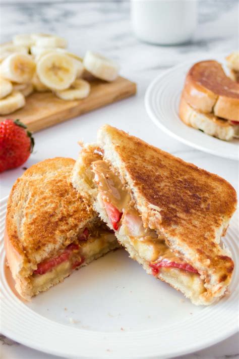grilled peanut butter sandwich  banana  strawberries babaganosh