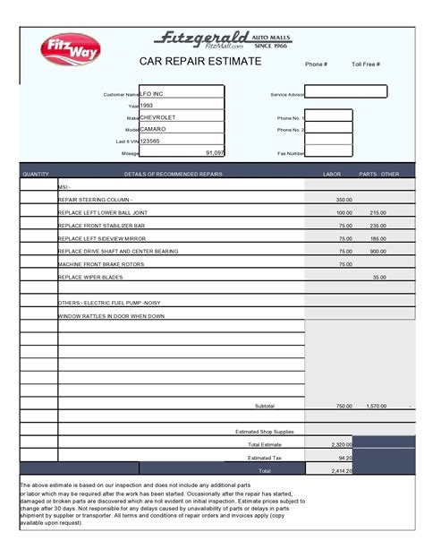 auto repair service invoice template  printable samples gambaran