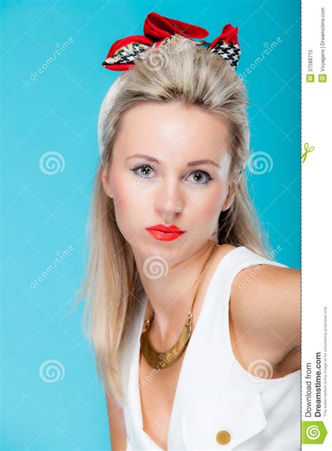 Portrait Beautiful Blonde Woman Pinup Girl Retro Style On