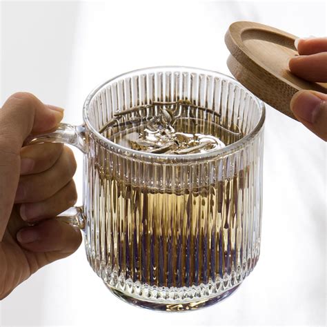 Ribbed Clear Iridescent Glass Tumbler Mug With Bamboo Cup Etsy