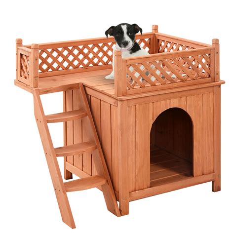 costway wooden puppy pet dog house wood room inoutdoor raised roof balcony bed shelter