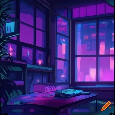cozy cyberpunk lofi room  purple lights  plants
