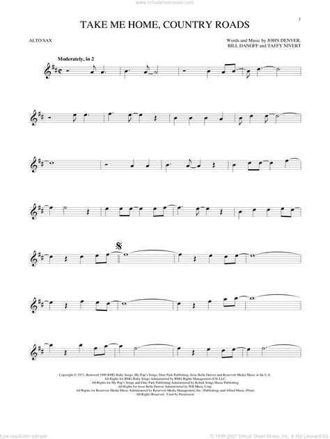 Take Me Home Country Roads Sheet Music For Alto Saxophone Solo