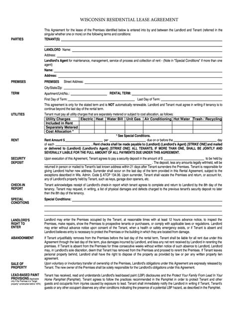 wisconsin lease agreement fill  printable fillable blank
