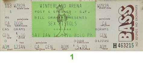 The Sex Pistols Vintage Concert Vintage Ticket From Winterland Jan 14