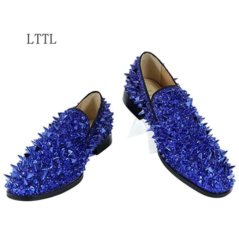 Hot Sale Men Sequins Spikes Shoes Glitter Bling Rivet Men Loafers Blue