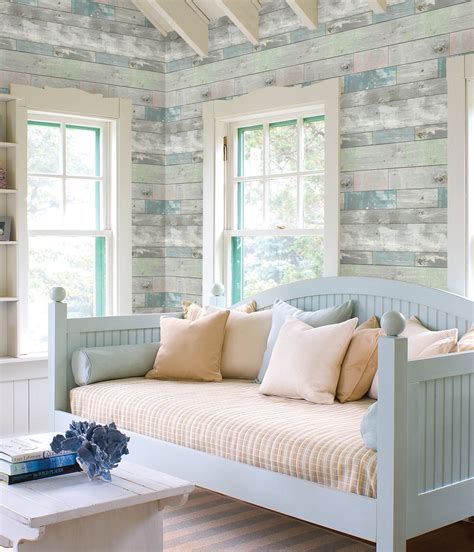 dean blue distressed wood panel wallpaper beach house interior coastal living rooms beach