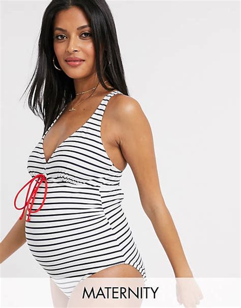 Mamalicious Maternity Swimsuit In Mono Stripe Asos