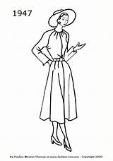 Fashion 1947 Silhouettes 1940s Dress 1950s Drawings Costume Colouring 1940 Template Coloring Era Pages 1950 History Line Drawing Sketch Suit sketch template