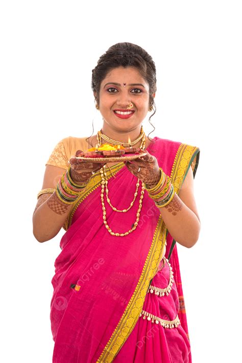 Indian Girl Holding Pooja Thali With Diya Beauty Happiness Tradition
