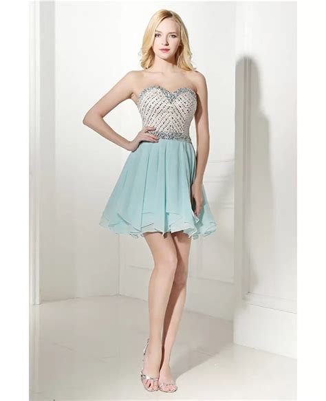 Cute Short Teal Beaded Homecoming Dress Strapless For Teens H76132