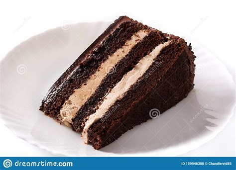 chocolate cake slice  white plate isolated stock photo image