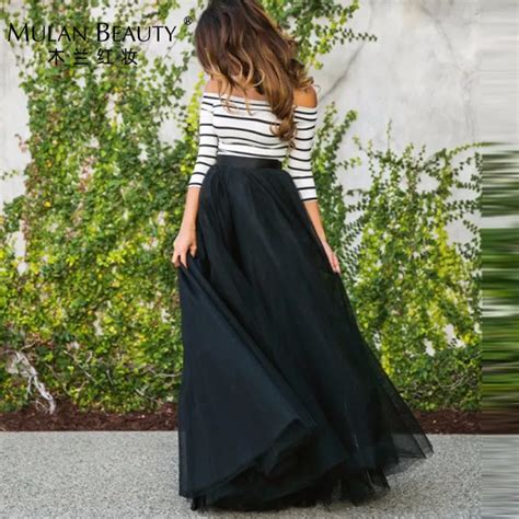 trendy vrouw lange zwarte tule rok een  hoge taille nieuwe mode avondfeest rok saias