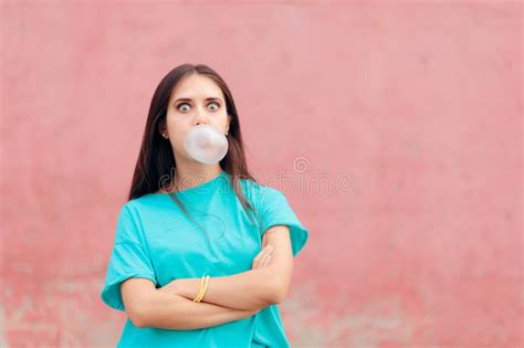 Funny Woman Blowing Bubble With Chewing Gum Stock Image Image Of