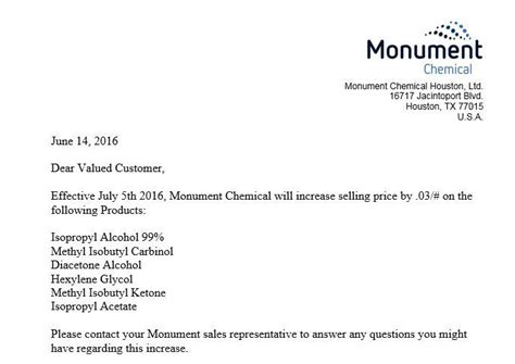 monument price increases announced  july   greenchem industries