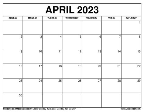 april  calendars printable  holidays