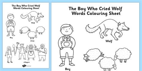 boy  cried wolf words coloring sheet teacher