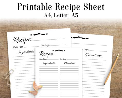 recipe sheet printable recipe page template blank recipe etsy