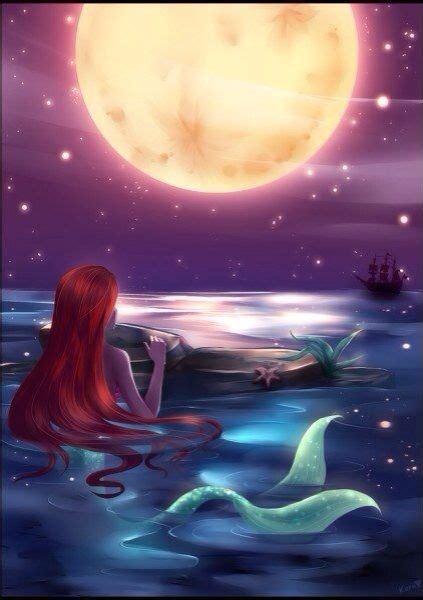 red hair mermaid with a green tail in the water and moon art