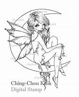 Coloring Fairy Pages Moon Digi Stamp Drawings Digital Adult Instant Star Visit sketch template