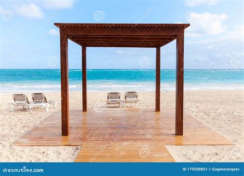 empty wooden gazebo  sun loungers   beach stock image image  group blank