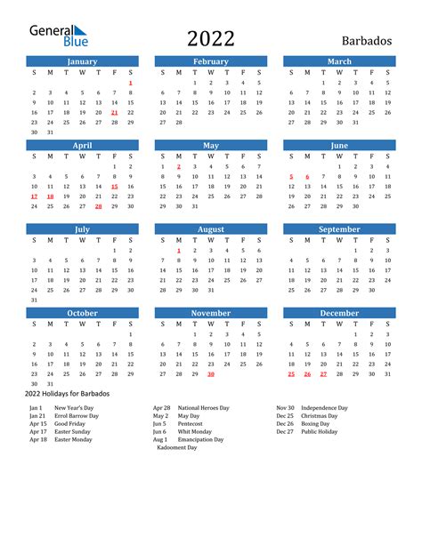 barbados calendar  holidays