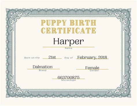 puppy birth certificate blank printable simple traditional theme etsy