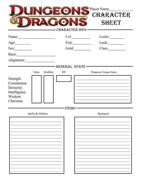 dungeons  dragons character sheet printable