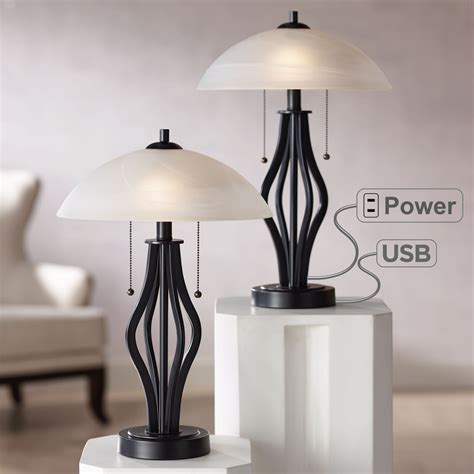 lighting modern accent table lamps set    usb port  outlet dark metal base glass
