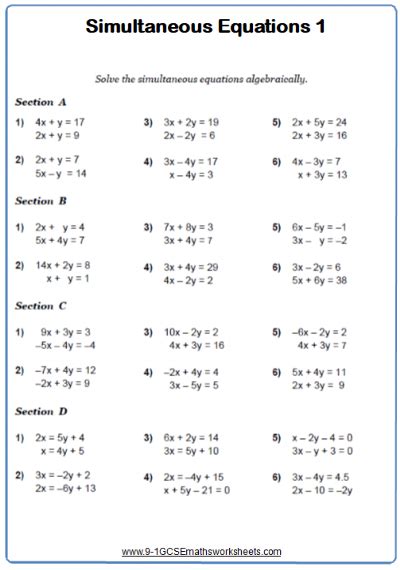simultaneous equations worksheet practice questions cazoomy