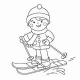 Skiing Coloring Outline Winter Cartoon Boy Sports Vector Book Kids Illustration sketch template