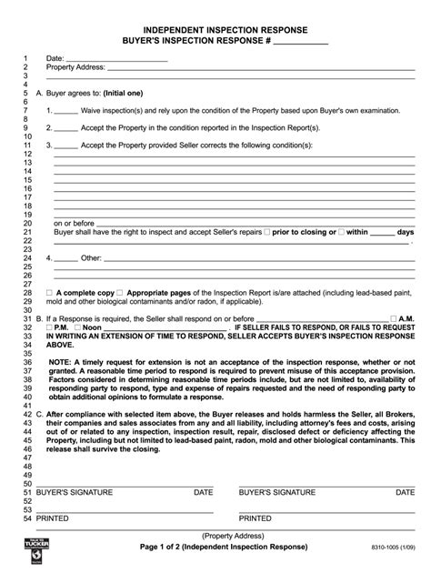 buyers inspection response form indiana fill  printable