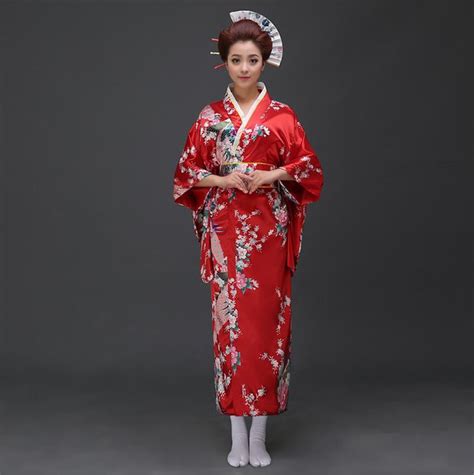 red traditional women silk satin kimono yukata with obi performance