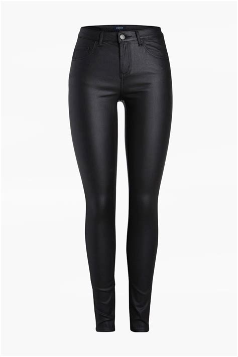 pieces  mid rise coated trousers  black iclothing