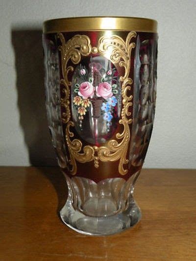 Bohemian Moser Floral Enamel Cranberry To Clear Vase 06 05 2011