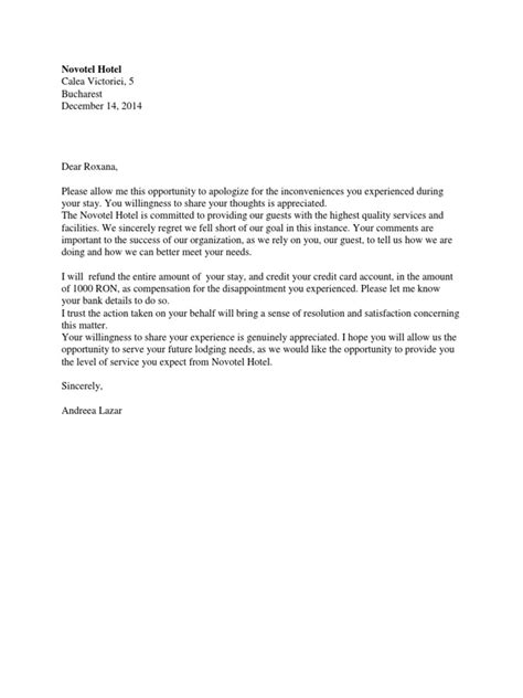 hotel reply  letter  complaint