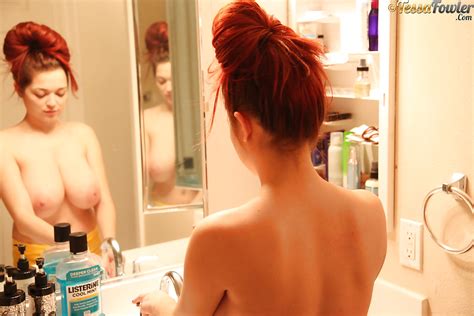 busty pornstar tessa fowler brushing her teeth in bathroom topless