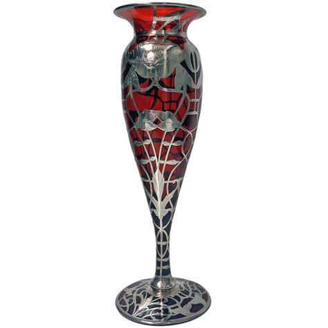 Art Nouveau Ruby Glass Vase With Sterling Silver Overlay