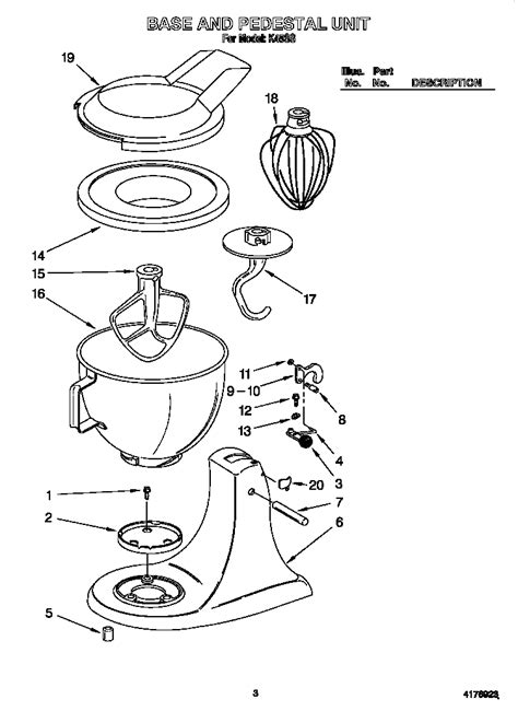 base  pedestal diagram parts list  model kss kitchenaid parts mixer parts