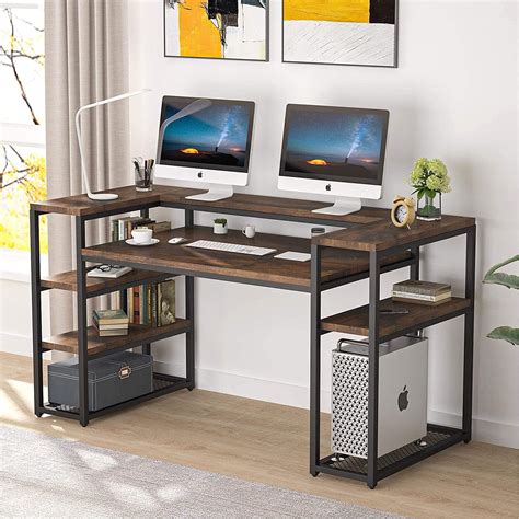 tribesigns   computer desk  open storage shelves large office desk  monitor shelf