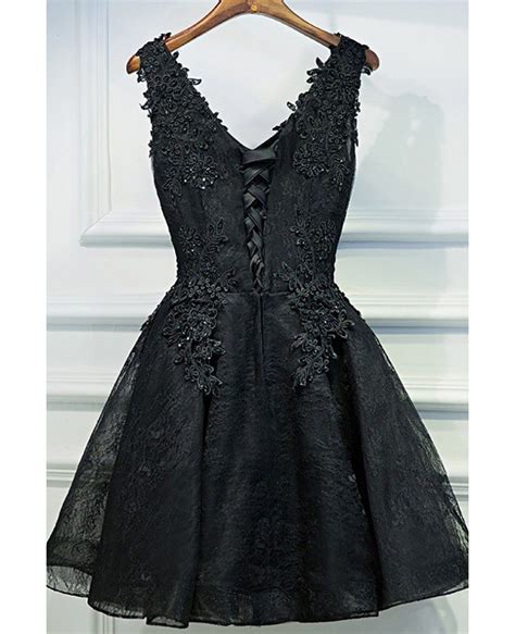 Chic Short Little Black Lace Prom Homecoming Dress V Neck Sleeveless