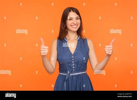 Like Approval Gesture Delighted Happy Brunette Woman In Denim Dress