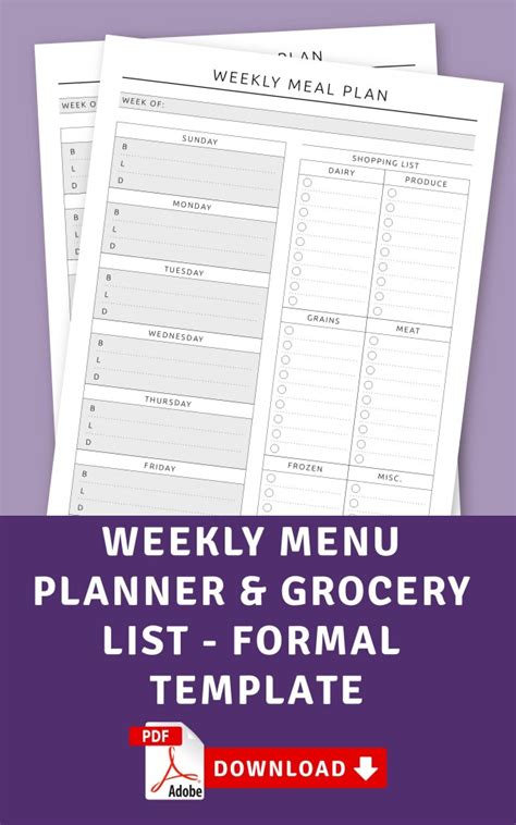 weekly menu planner grocery list formal template
